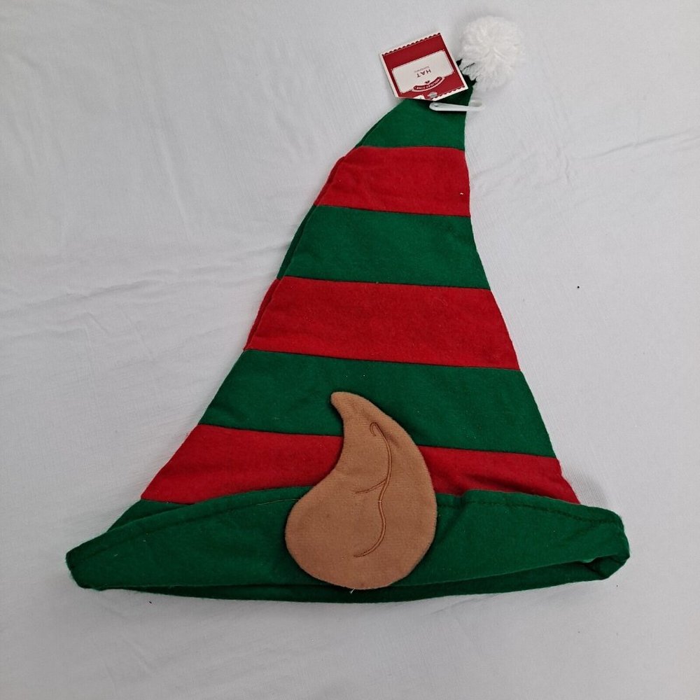 Elf Christmas Hat Santa's Helper Green And Red Stripe Pointy Ears Pom Pom